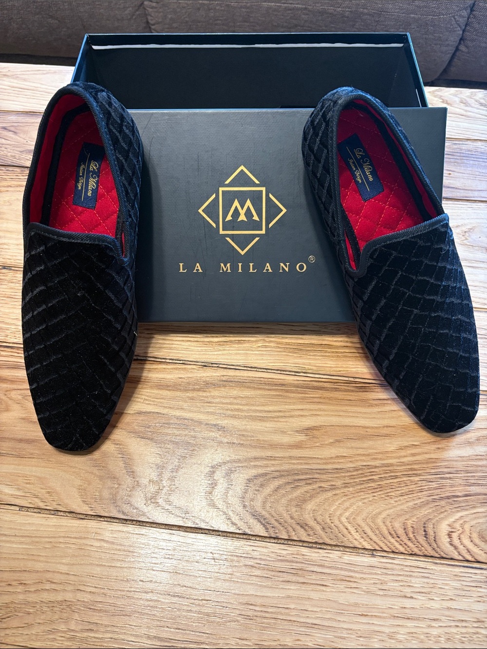 Milano Black Velvet Slip-On Loafers with Red Quilted Lining
